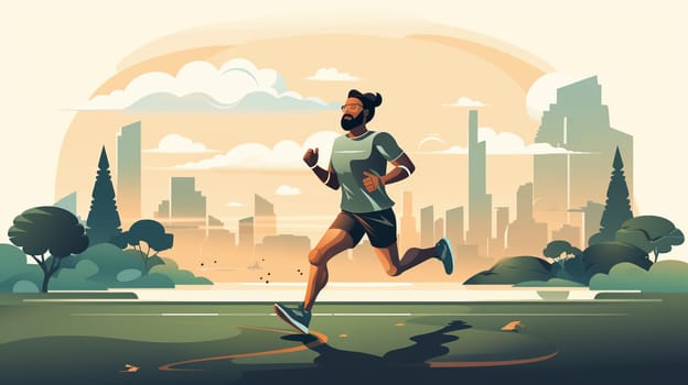 Jogging man on outdoor sport with city view, vertical illustration. High quality photo