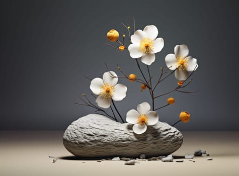 Spa stones with flowers on gray background. High quality photo