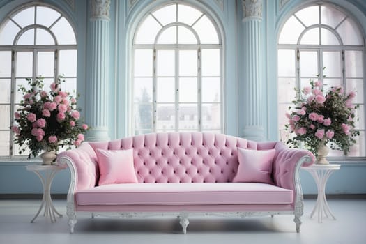 Pink velvet couch in the room with grey walls and flowers. High quality photo