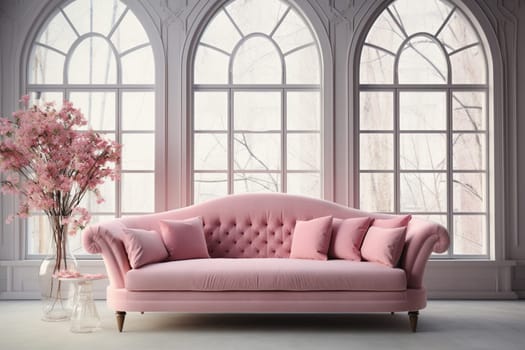 Pink velvet couch in the room with grey walls and flowers. High quality photo