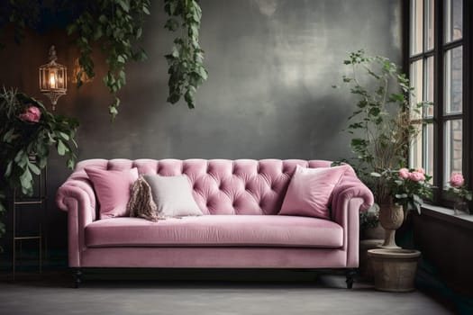 White room with pink sofa-bed, flowers in glass jug and mirror near the window. Classic interior design. High quality photo