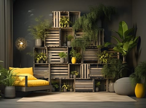 Vertical Green Wall in a living room interior, 3d render