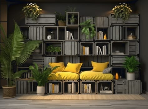Home garden, minimal bedroom in yellow and wooden tones. Master bed, parquet floor and many houseplants. Urban jungle interior design. Biophilia concept, 3d illustration