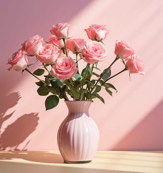 The bouquet of pink roses in a glass vase. High quality photo