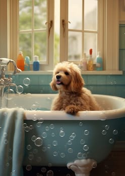 Cute dog bathroom white grooming bathing puppy bathtub funny canine wash soap animal pet water hygiene towel care shampoo clean shower wet