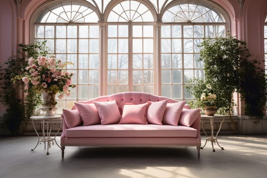 White room with pink sofa-bed, flowers in glass jug and mirror near the window. Classic interior design. High quality photo