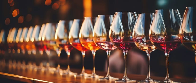 Wine glasses in a row. Pouring wine. Buffet table celebration of wine tasting. Nightlife, celebration and entertainment concept. Horizontal, wide screen banner format. High quality photo
