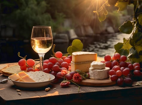 Wine on rustic wood table in vineyard. High quality photo