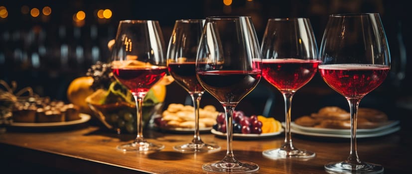 Wine glasses in a row. Pouring wine. Buffet table celebration of wine tasting. Nightlife, celebration and entertainment concept. Horizontal, wide screen banner format. High quality photo