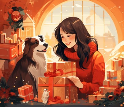 Funny girl with labrador dog and Christmas tree. Hand drawn Christmas illustration. High quality photo