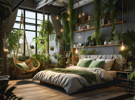 Home garden, minimal bedroom in yellow and wooden tones. Master bed, parquet floor and many houseplants. Urban jungle interior design. Biophilia concept, 3d illustration