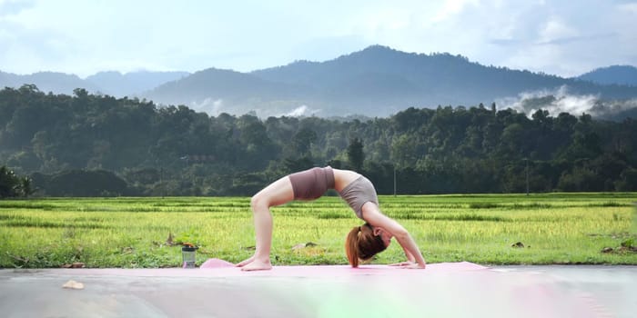 Healthy women doing yoga in the morning In the middle of a rice field . concept healthy and outdoor activity.