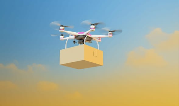 drone flying package transportation air helicopter cargo fly copter box wireless mail technology aircraft speed delivery blue industry fast transport. Generative AI.