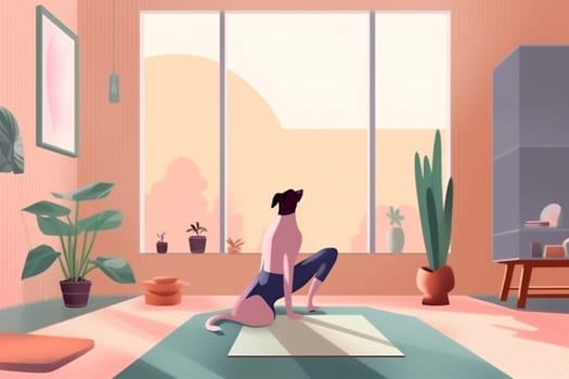 woman dog exercising lifestyle body cartoon zen sportswear health relax wellness training young fitness practice cat yoga home illustration sport stretching. Generative AI.