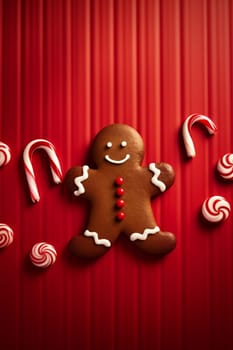 food man ornament year celebration symbol biscuit cookie santa red lollipops christmas xmas cake decoration sweet shape delicious background gingerbread holiday candy. Generative AI.