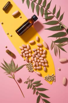 medication cannabis hemp white medicine natural plant capsule spoon drug herbal leaf herb oil antioxidant tablet care pill health nature. Generative AI.