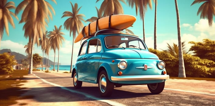 background vintage old trip road fun sand beach sea retro classic ocean journey tropical car surfing summer travel sun vacation. Generative AI.