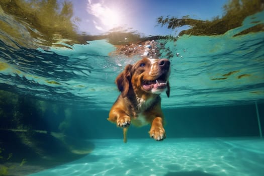 dog breed swimming play underwater pool swimming funny swimmer golden fun holiday snorkeling puppy popular labrador friend retriever exercise pool vacation water. Generative AI.