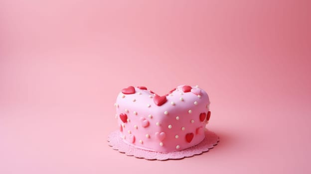 Pink heart shape cake on pink marble background. Valentine day. About love. AI