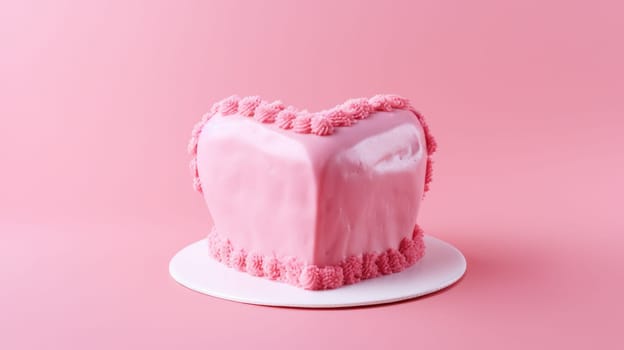Pink heart shape cake on pink marble background. Valentine day. About love. AI