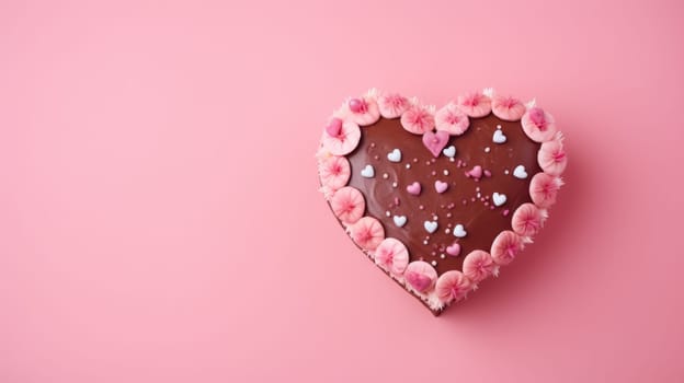 Pink heart shape cake on pink marble background. Valentine day. About love. AI