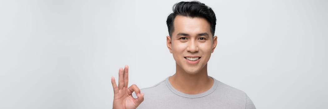 Portrait of a smiling young man showing ok gesture on white banner