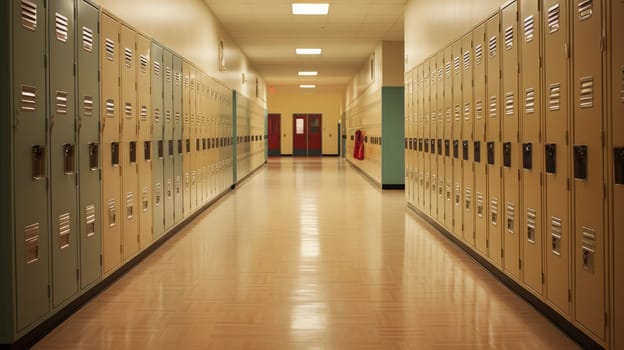 High school hallway with lockers. AI