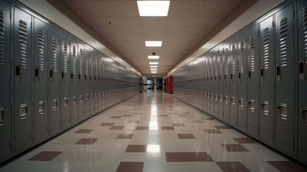High school hallway with lockers. AI