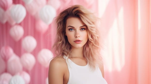 Beautiful woman portrait, blurred pink room as background. AI