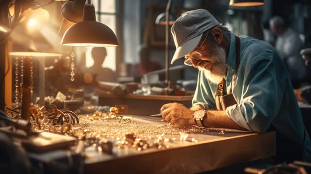 Old master jeweler, blurred workshop on background. AI