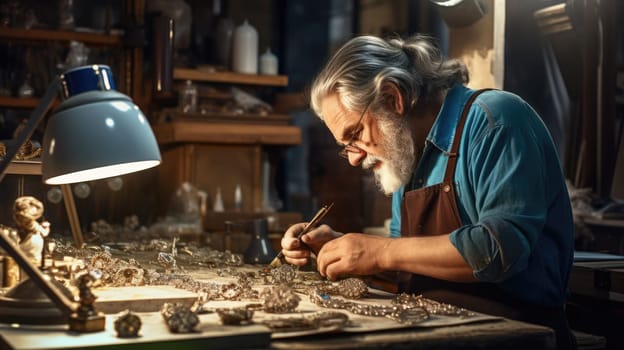 Old master jeweler, blurred workshop on background. AI