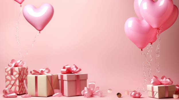 Valentine Day gift. Romantic pink background with balloons hearts and gift box. AI