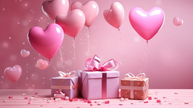 Valentine Day gift. Romantic pink background with balloons hearts and gift box. AI