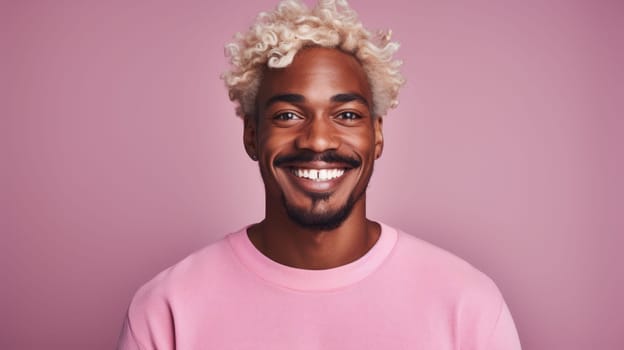 Portrait of a handsome African man with short blond hair on a pastel pink background in a studio. AI