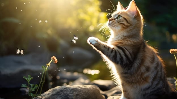The cat catches a butterfly with its paw. Blurred sunny background. AI