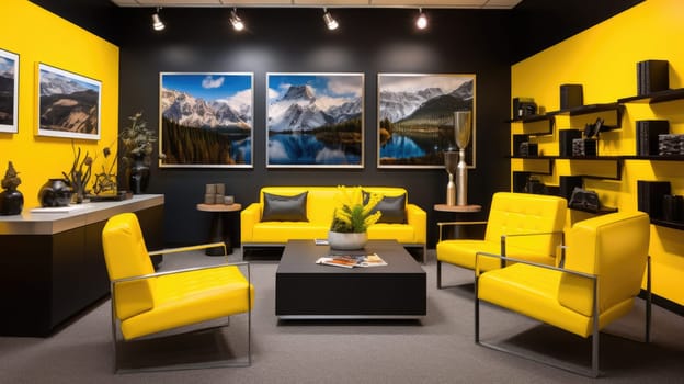 Travel agency office in yellow and black colors. Interior design, AI