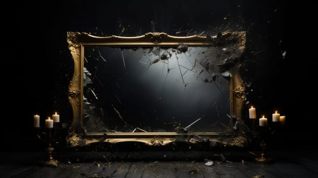 Broken vintage mirror in a frame on a dark background. AI