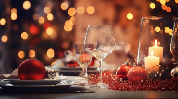 Celebration concept. Blurred lights and table served for christmas dinner party at home AI