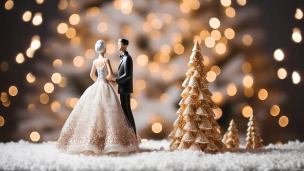 Toy figures of the bride and groom. Christmas wedding, blurred Christmas background AI