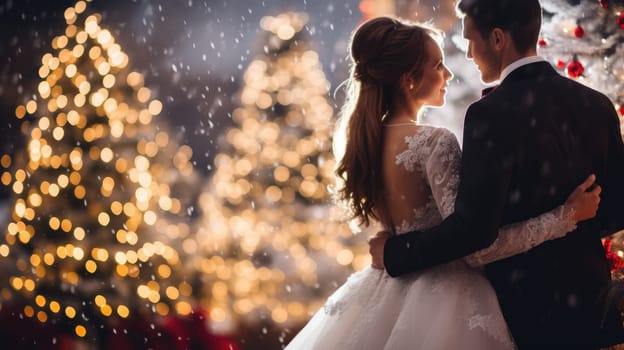 Christmas wedding, blurred Christmas background. Couple in love celebrates wedding. AI