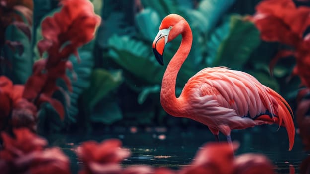Flamingo against a background of exotic leaves. AI