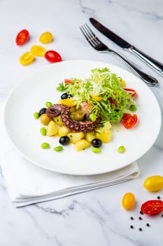 salad with olives, herbs, cherry tomatoes, potatoes and octopus tentacles