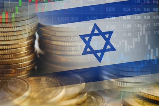 Stock market investment trading financial, coin and Israel flag or Forex for analyze profit finance business trend data background.
