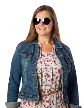 Forty something woman, wearing stylish bohemian and sunglasses, isolated against a white background