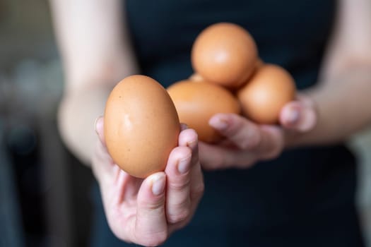 Woman holding chicken eggs close-up. Fresh chicken eggs will be served to the guests. High quality photo