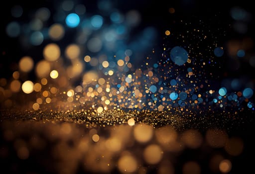 Defocused glittering lights in gold and silver on black background. Festive abstract for celebration or party themes. AI Generative.