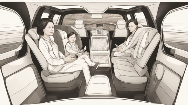 family travel in ev electric autonomous self driving car while play enjoy the ride generative ai art
