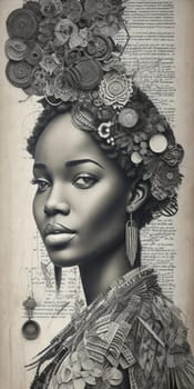 black and white portrait papercraft drawing of african woman on paper craft generative ai art