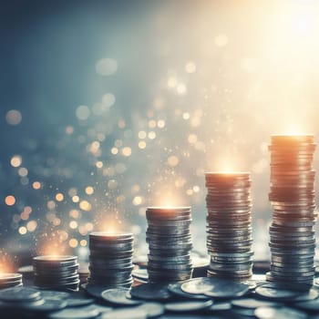 Stacks of coins, symbol of savings and investment. Generative AI. High quality illustration