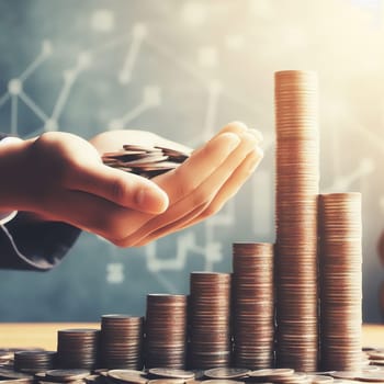 Stacks of coins, symbol of savings and investment. Generative AI. High quality illustration
